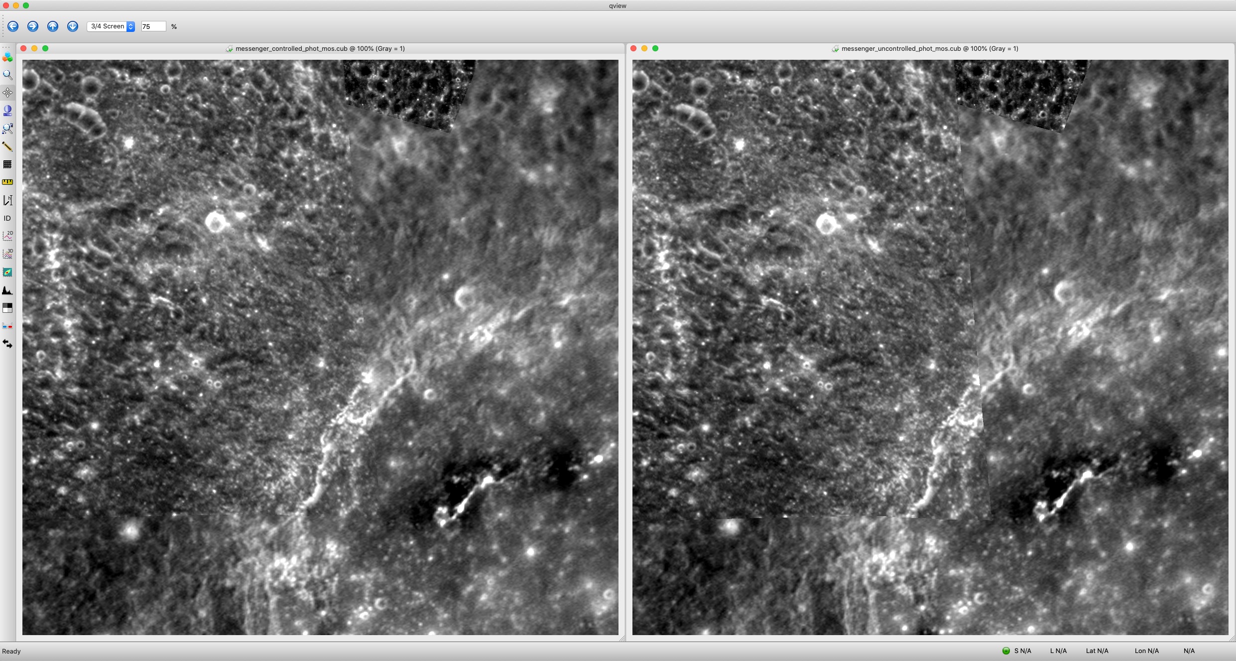 qview comparison of MESSENGER MDIS mosaic control region